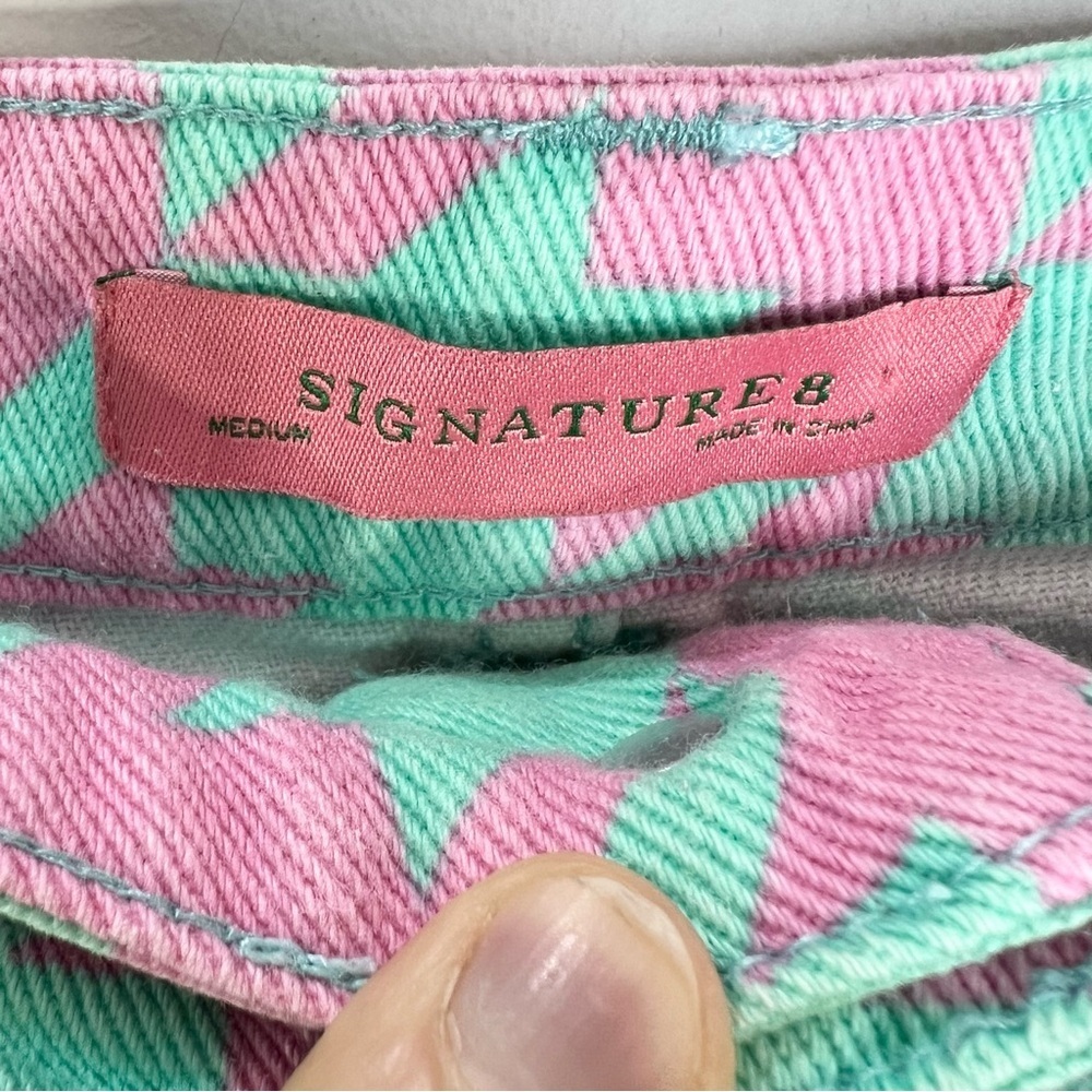 Signature 8 aqua pink houndstooth check belted denim mini skirt M - Picture 8 of 11